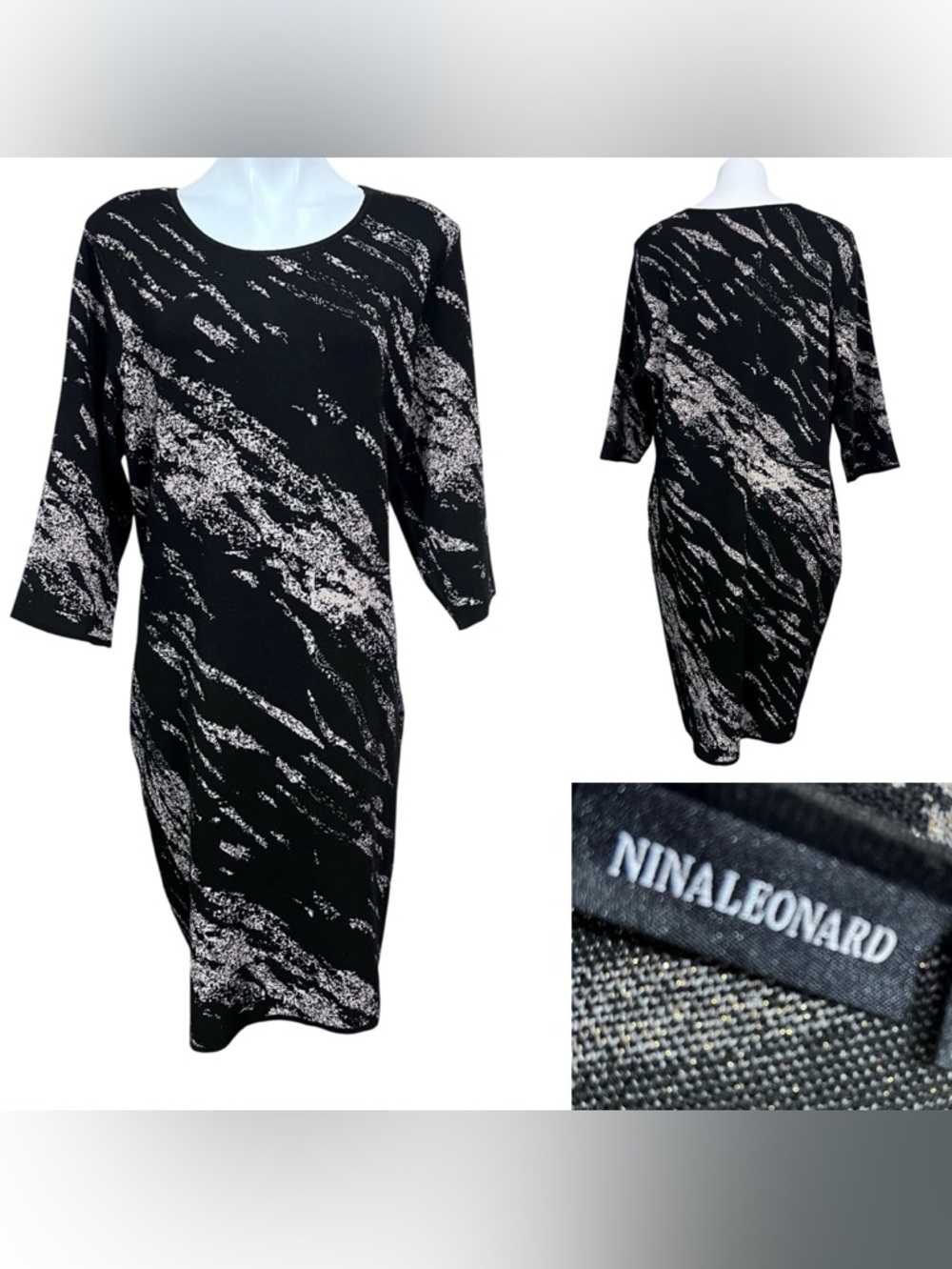 Nina Leonard sweater Black multicolor Print‎ Long Sleeve Sheath stretch bodycon